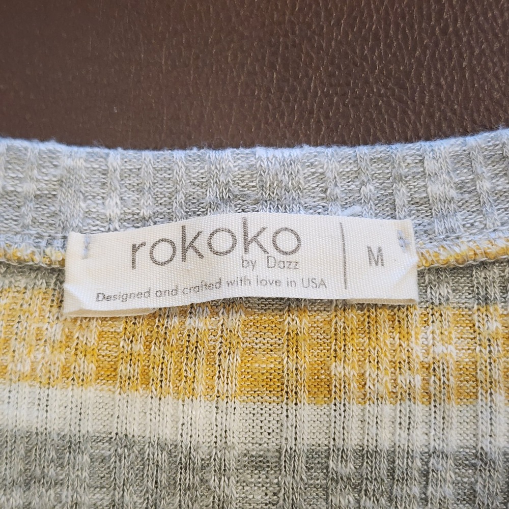 Rokoko by Dazz Womens Striped Ribbed Knit T-Shirt Dress Yellow Grey Medium - Picture 3 of 6